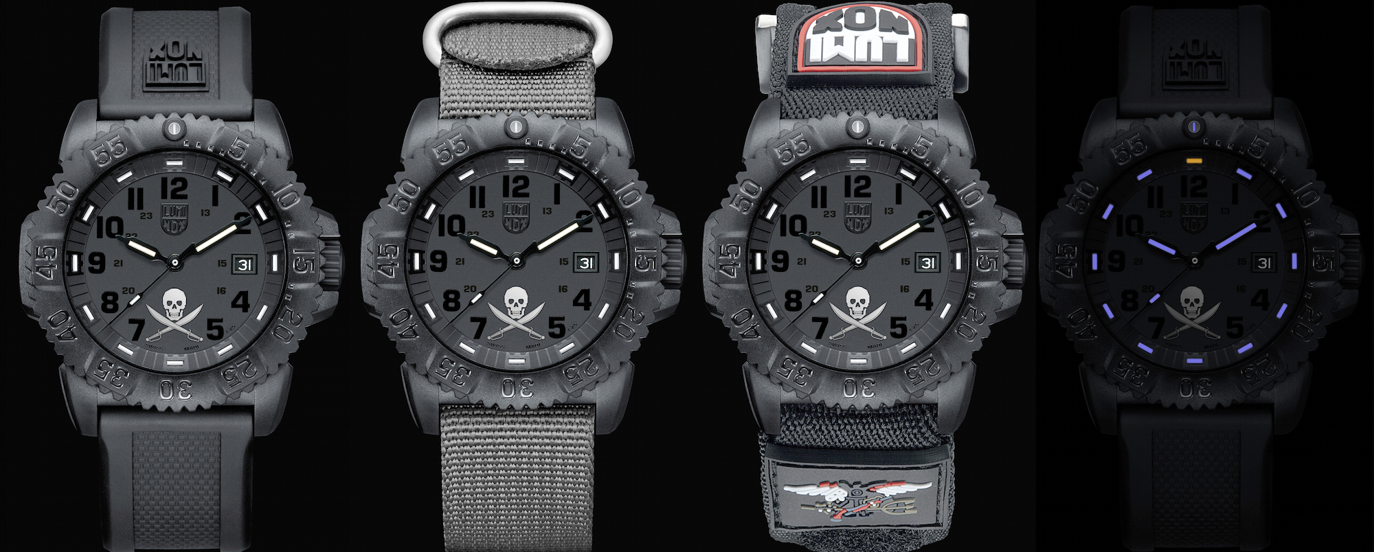 Die Luminox Jolly Roger mit den verschiedenen mitgelieferten Armbändern